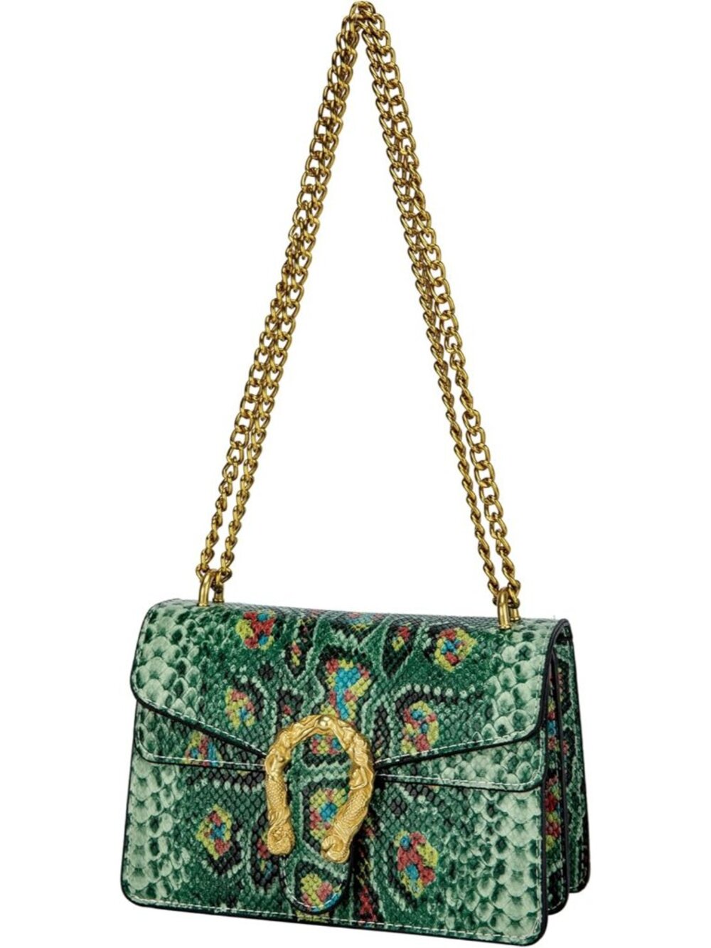 Women's E Green Leather Snake Print Vintage Purse Chain Crossbody Bag
